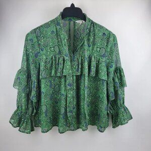 Lucky Brand Womens Peasant Tie Ruffle Sleeve Keyhole Blouse Green Paisley Medium